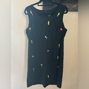 Erika petite 14 black dress linen blend with fun embroidered drinks